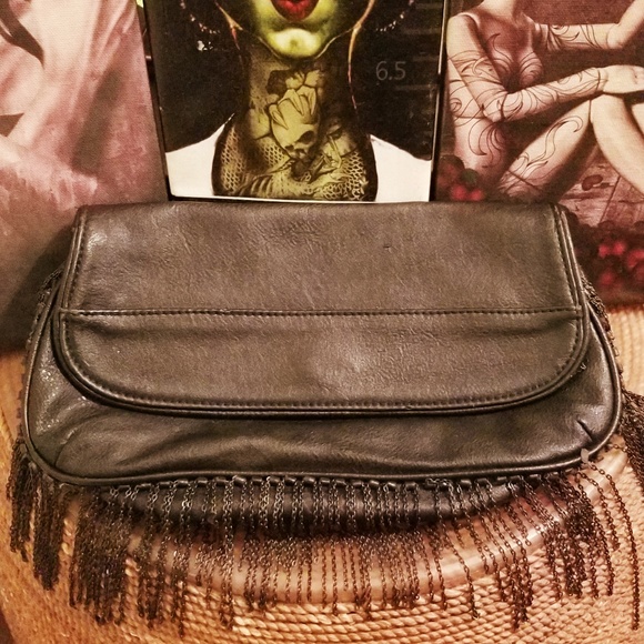 BCBG Black Leather Clutch w/ Chain Fringe - Picture 4 of 5